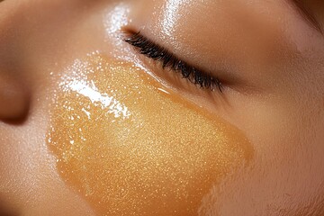 Fototapeta premium A close-up of a skincare product being applied to the face, with the texture and glow of the skin emphasized