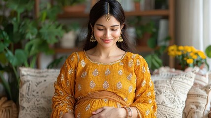Pregnant Woman in Traditional Indian Clothing   Smiling  Touching Belly