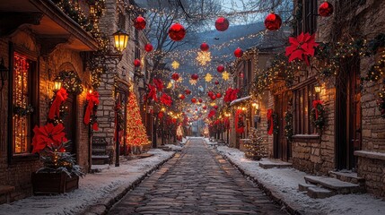Obraz premium Christmas Street Scene with Cobblestones and Red Ornaments
