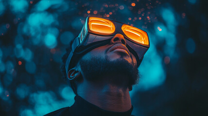 Man Wearing Futuristic Goggles Looking Up at a Glowing Sky with Sci-Fi Elements
