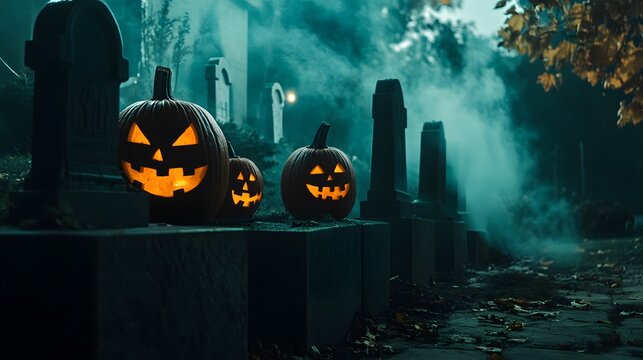 Dramatic cinematic Halloween poster showcasing a creepy graveyard scene filled with mist and glowing jack-o'-lanterns.Perfect for adding marketing copy,ideal for Halloween-themed promotions and events
