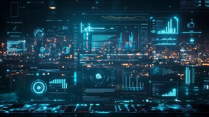 Obraz premium Futuristic Dashboard Analyzing Sustainability Metrics with Cityscape and Energy Usage