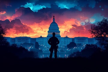 Obraz premium Silhouette of Soldier Protecting US Capitol Building at Sunset