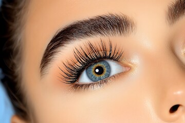Obraz premium A close-up of a woman's eyes, with voluminous lashes and expertly applied mascara