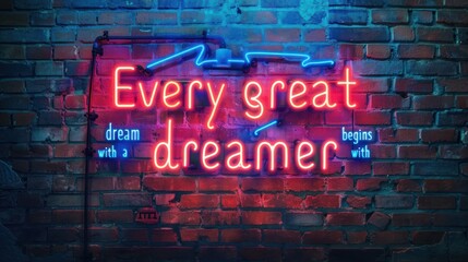 Obraz premium Positive inspirational quote neon sign on brick wall background ai generated image