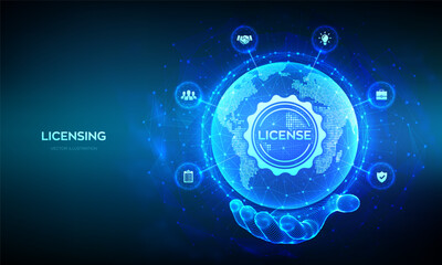 Licensing. License agreement concept. Copyright protection law license property rights. World map point line composition. Earth planet globe in wireframe hand. Vector illustration.