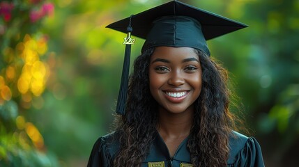 Happy Graduate Woman in Cap and Gown with Blurred Green Background