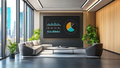 Corporate Office Scene with Digital Sustainability Metrics Displayed on Large Screen