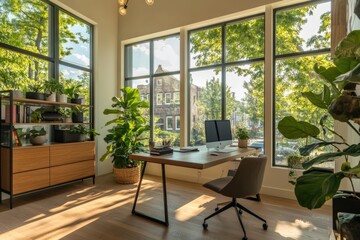 An open-concept home office with a minimalist desk, large windows, and a plant-filled corner