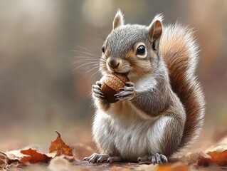 Obraz premium Cute Squirrel Eating Acorn in Autumn