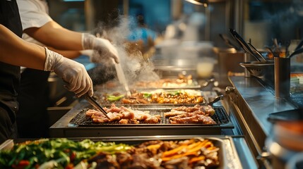 Asiatische Köche kochen Fleisch und Gemüsegerischte in der Restaurantküche