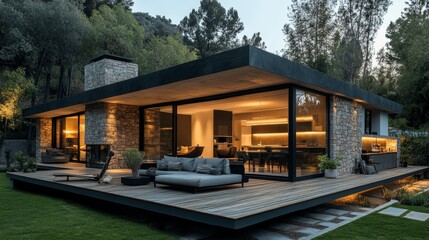 Contemporary stone cube house with a wide wooden deck, perfect for hosting outdoor events, minimalist architecture blending into nature