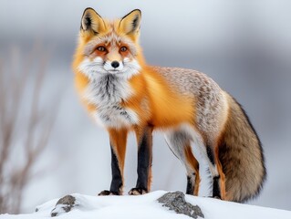 Obraz premium Red Fox Standing in Snow Winter Wildlife Furry Mammal Sharp Eyes Nature Photography