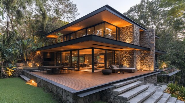 Contemporary stone cube house with a wide wooden deck, perfect for hosting outdoor events, minimalist architecture blending into nature