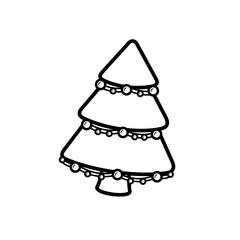 Cute cartoon illustration christmas tree outline with decorative lights, suitable for logo, sticker, icon, drawing or coloring book etc.