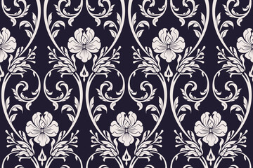  Seamless bold white colored floral pattern in damask style motifs suitable for wallpaper, clothing, curtain, tiles, blanket and fabric design isolated over colored navy background.