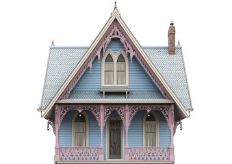 Obraz premium A charming vintage house with intricate wooden details and a beautiful blue facade complemented by pink accents.