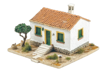 A charming white house with a tiled roof, surrounded by greenery and a stone pathway, perfect for cozy living or artistic projects.