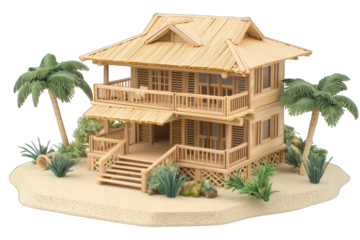A charming wooden beach house surrounded by palm trees, ideal for vacation or tropical living inspirations.