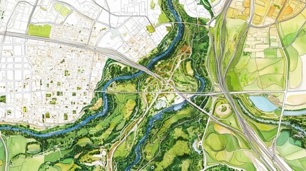 Obraz premium Detailed aerial map of a lush green landscape with rivers and roads.