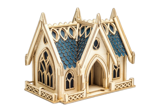 A detailed wooden model house featuring intricate designs and a charming roof, perfect for architecture enthusiasts and craft lovers.