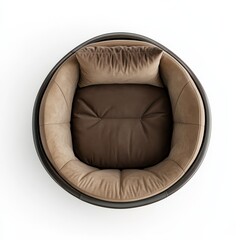 A cozy round chair seen from above, featuring dark brown upholstery with plush fabric cushioning for ultimate comfort and style.