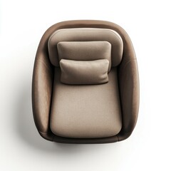 A comfortable modern armchair viewed from above, featuring a brown leather frame with soft beige fabric cushions for back and neck support.