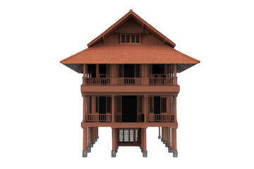 A stunning traditional wooden house featuring intricate architectural details and a warm color palette, perfect for design projects.