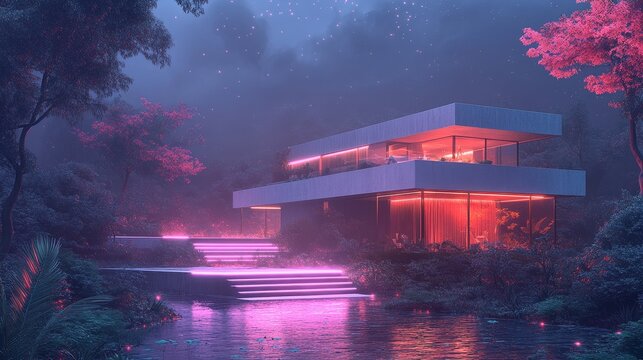 Cube house with geometric lines, floating stairs to the rooftop, surrounded by a garden, nighttime with glowing lights, minimalist design, neon glow, low angle, cyberpunk