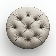 A top-down view of a round tufted ottoman featuring beige fabric upholstery, offering a comfortable seating option with a modern aesthetic for living spaces.