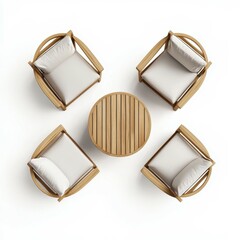 A top-down view of an outdoor wooden patio set featuring four cushioned chairs and a round slatted table, perfect for outdoor gatherings and relaxation.