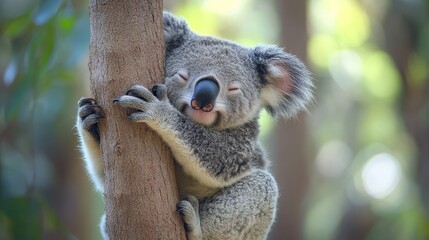 Fototapeta premium Cute Koala Bear Hugging Tree Trunk in Eucalyptus Forest