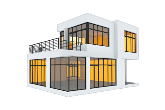 Modern architectural design of a house with large windows and a sleek exterior, showcasing contemporary living spaces.