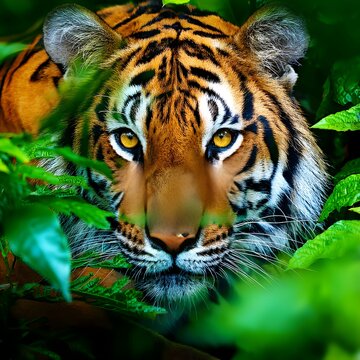 detailed close up portrait of tiger animal in jungle bushes, generative aii
