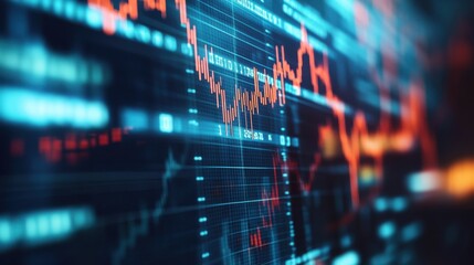 Obraz premium Close-up of digital screen showing financial news ticker with stock market charts, highlighting Federal Reserve comments' influence on market volatility.