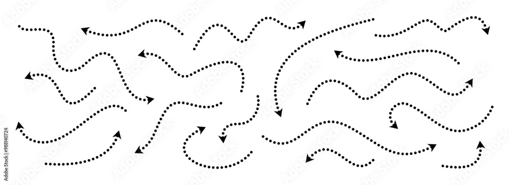 Poster Black dotted arrows set. Wavy and curved dashed arrow collection. Doodle sketched thin pointers and direction lines. Dots squiggle stripe design elements bundle for flyer, poster, brochure. Vector