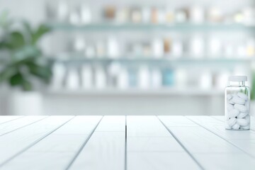 Clean white blur pharmacy backdrop, soft and serene atmosphere, evokes a sense of purity, ideal for health-related themes, promoting wellness and tranquility.