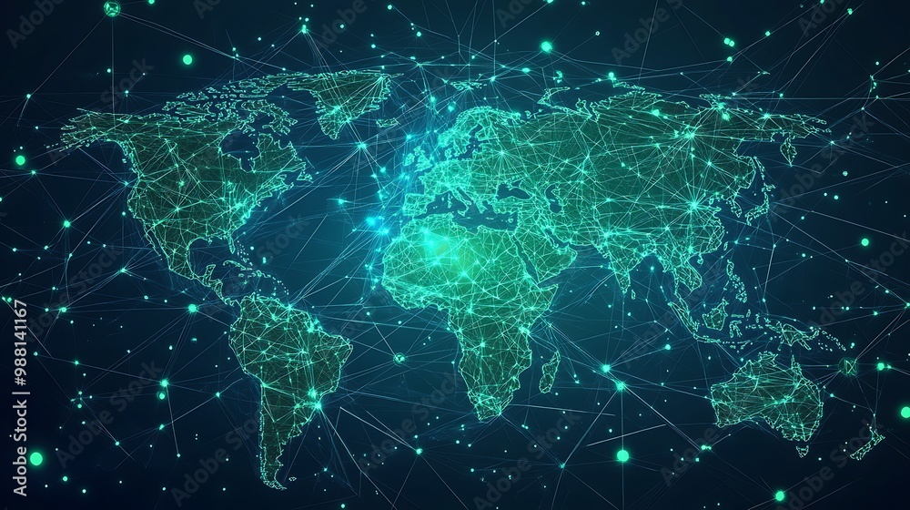 Fototapete Glowing Digital World Map with Interconnected Lines Representing Global Networks