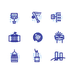 US Elections Icons Set. Editable Stroke Illustrations of United States US President or Congress Elections, Voting Ballot, Voting Ballot Box, Politic Party, Monitoring. Isolated Outline Vector Signs.