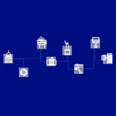 US Elections Icons Set. Editable Stroke Illustrations of United States US President or Congress Elections, Voting Ballot, Voting Ballot Box, Politic Party, Monitoring. Isolated Outline Vector Signs.