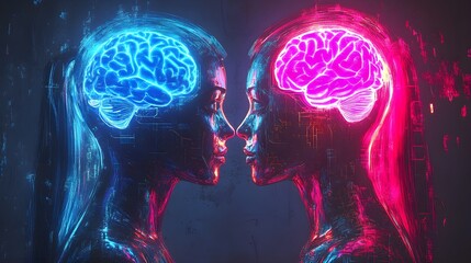 Obraz premium Dual-brained figures, one side organic and the other mechanical, representing the fusion of human intellect and AI, glowing in neon lights, Cyberpunk, Neon art