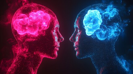 Futuristic puzzle piece heads facing each other, vibrant neon holographic overlay of thoughts, technology meeting emotions, AI-generated digital design, vivid blue and pink lights