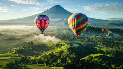 Naklejka premium Hot Air Balloons Over Mountain Landscape
