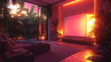 Fototapeta premium Modern Bedroom Interior Design with Sunset View and Tropical Plants