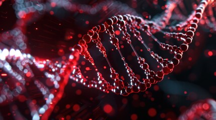 Futuristic DNA Nexus, vibrant red and black backdrop, illuminated strands of DNA intertwining, evoking themes of genetic innovation and advanced technology.