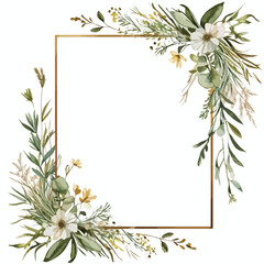 Naklejka premium Dried grass floral bouquet, frame. Wildflowers, herbs border painted in watercolor. Botanical boho elements isolated on white. Wedding invitation, greeting, card, print 