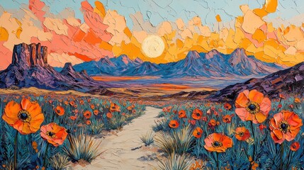 Abstract Desert Landscape with Poppy Flowers and Path at Sunset