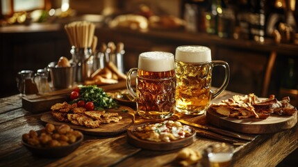 Two frosty mugs of beer stand on a rustic table, accompanied by various snacks, creating a cozy and inviting atmosphere.