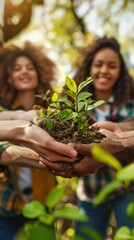 Fototapeta premium Group with earth day, teamwork and spring with support, sustainability and eco friendly