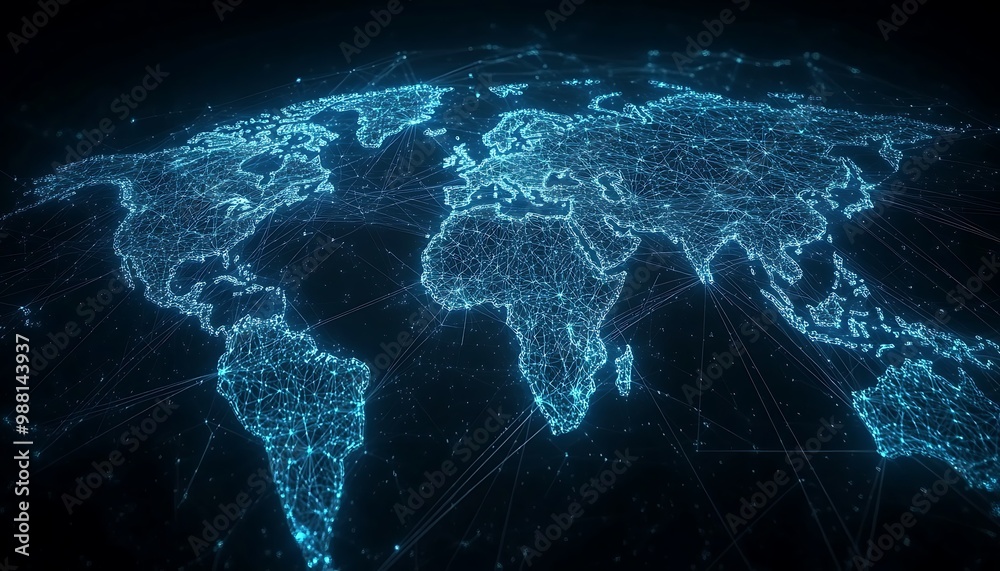 Fototapete digital wireframe world map with flowing lines and global connectivity